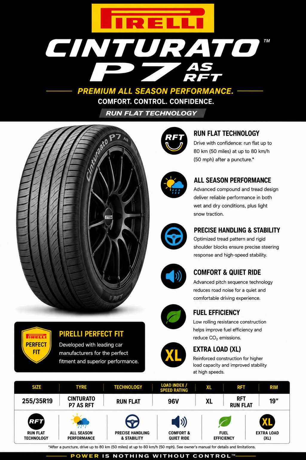 255/35R19 PIRELLI CINTURATO P7 AS RFT 96V XL RUN FLAT