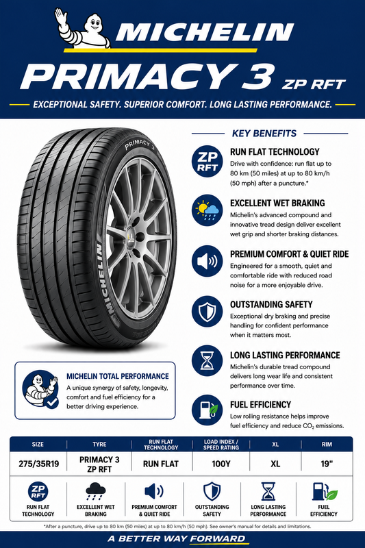 275/35R19 MICHELIN PRIMACY 3 ZP RFT 100Y XL RUN FLAT