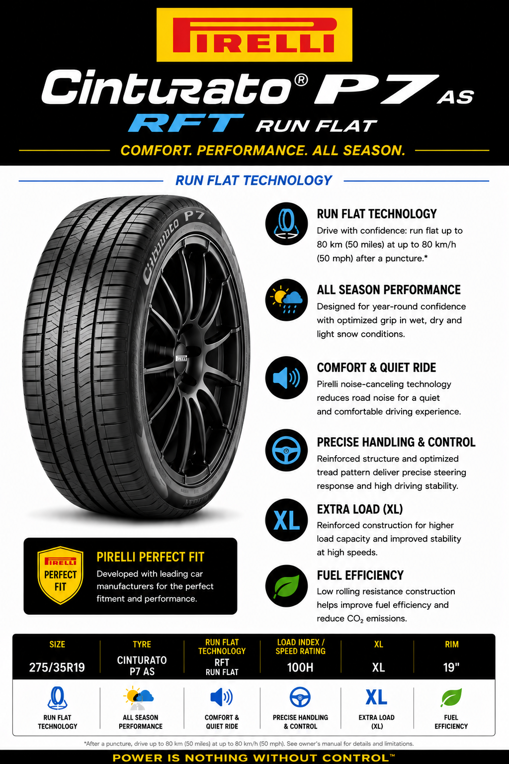 275/35R19 PIRELLI CINTURATO P7 AS RFT 100H XL RUN FLAT